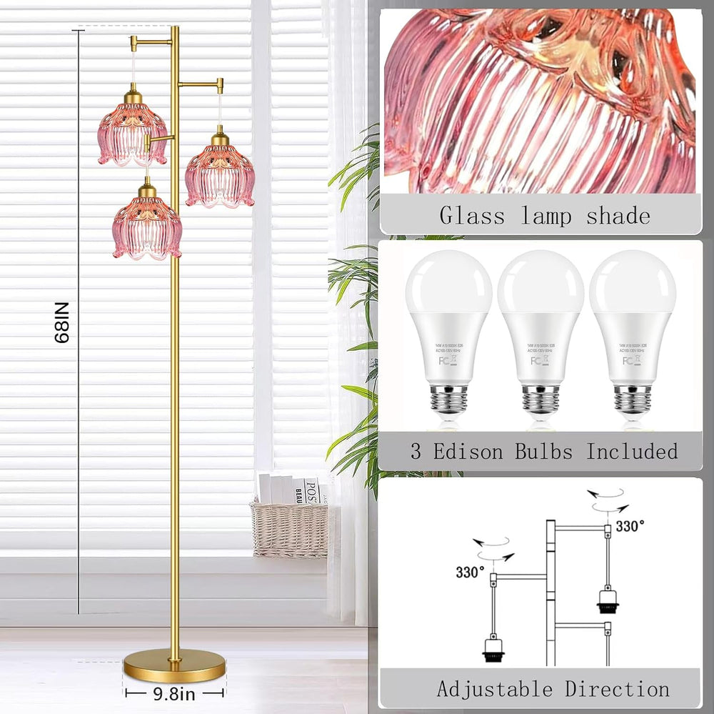 ILLMTW Glass Floor Lamp for Living Room,Bedroom,Gold Flower Mid Century Moder...
