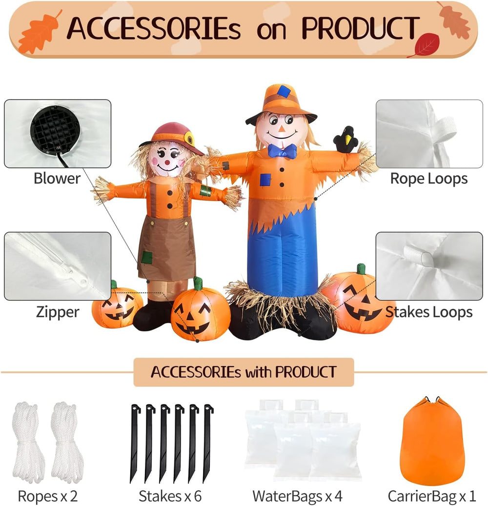 DomKom 6ft Long Inflatable Scarecrow and Pumpkin – Halloween Thanksgiving Fal...
