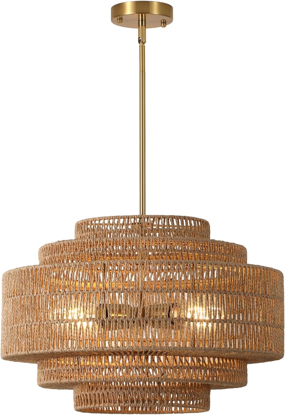 19.68" Gold Rattan Chandelier, 4-Light Handwoven Wicker Fixture
