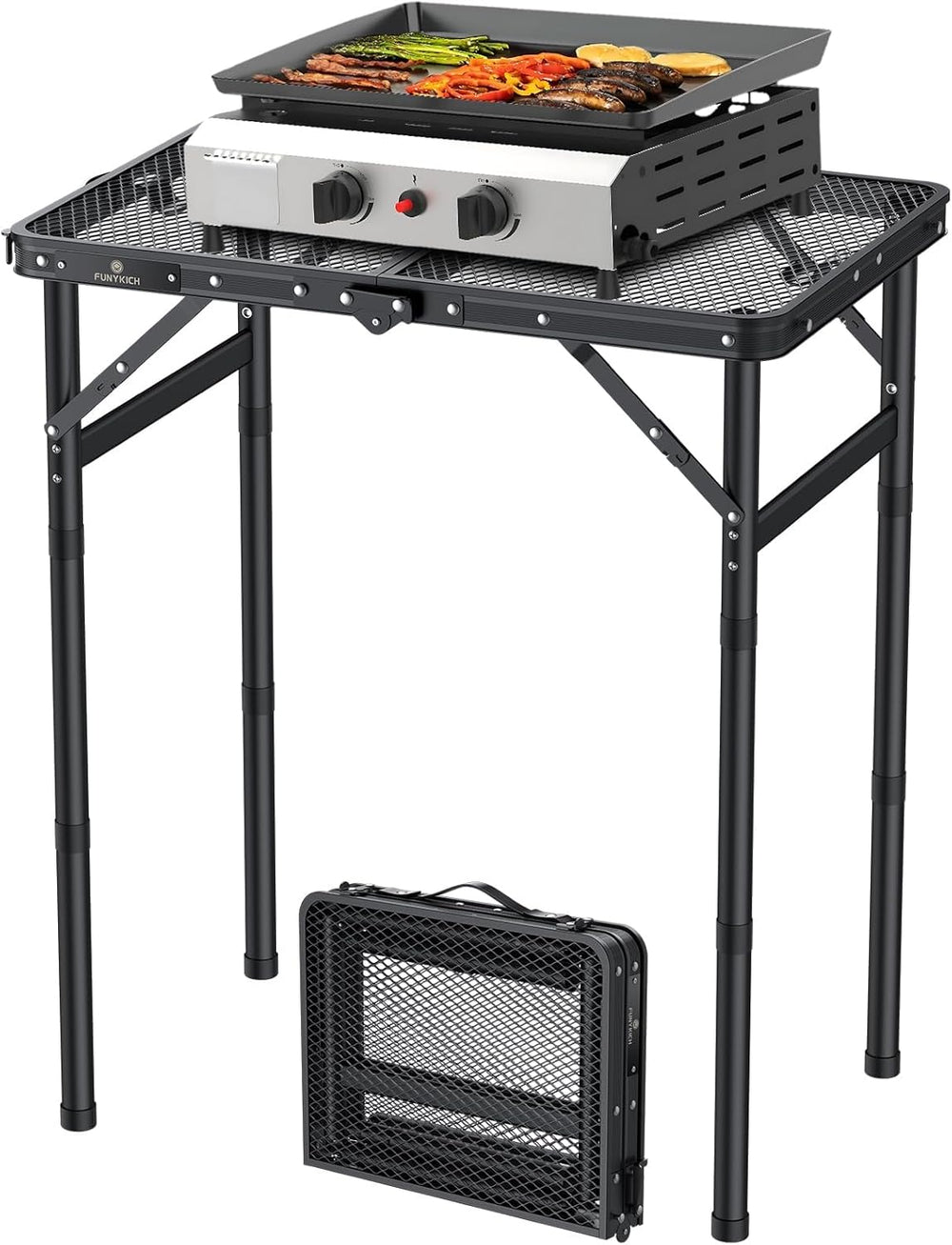 FUNYKICH Folding Grill Table for Outside, 3 Height Adjustable Portable Campin...