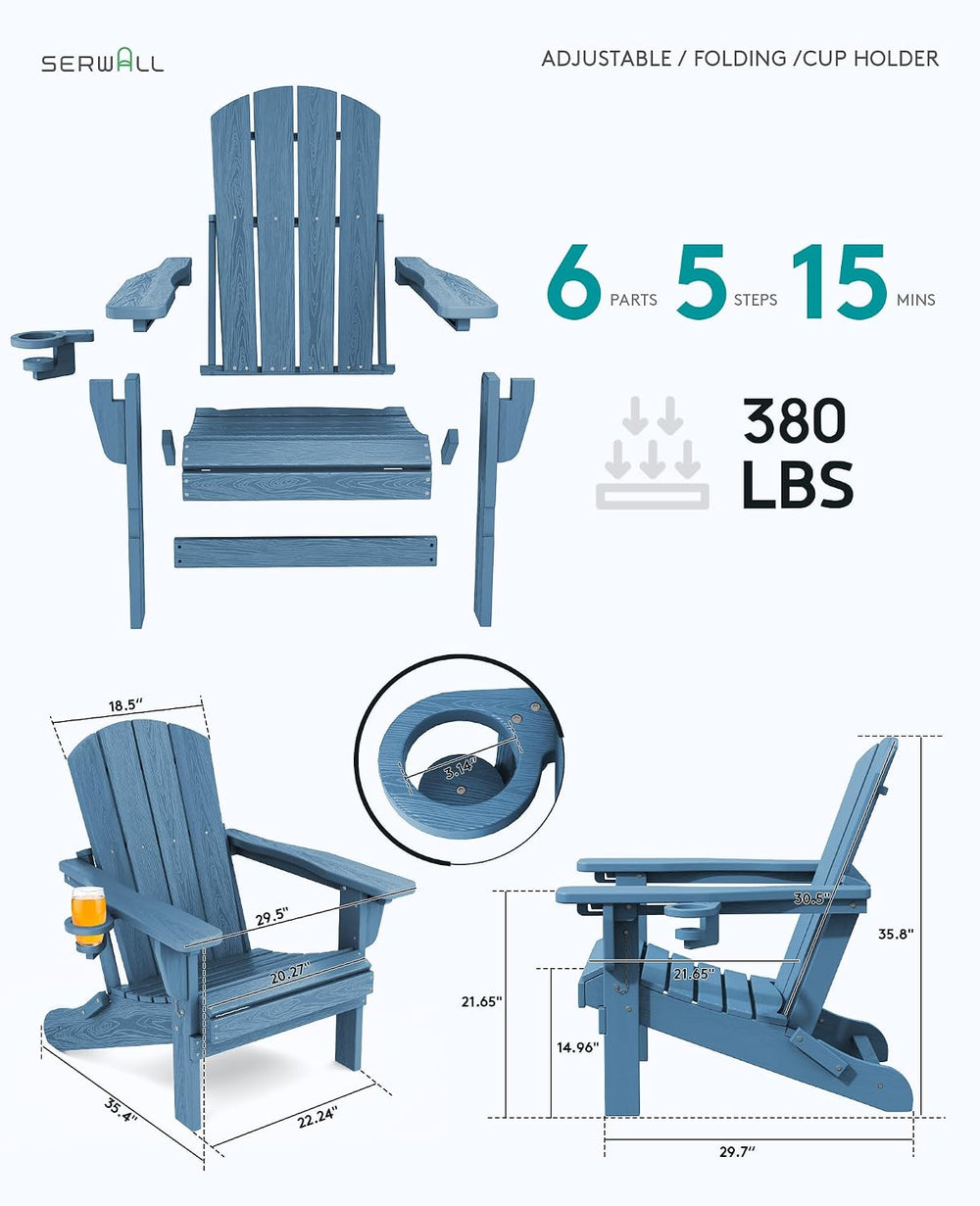 SERWALL Folding Adjustable Adirondack Chair with Cup Holder, Blue