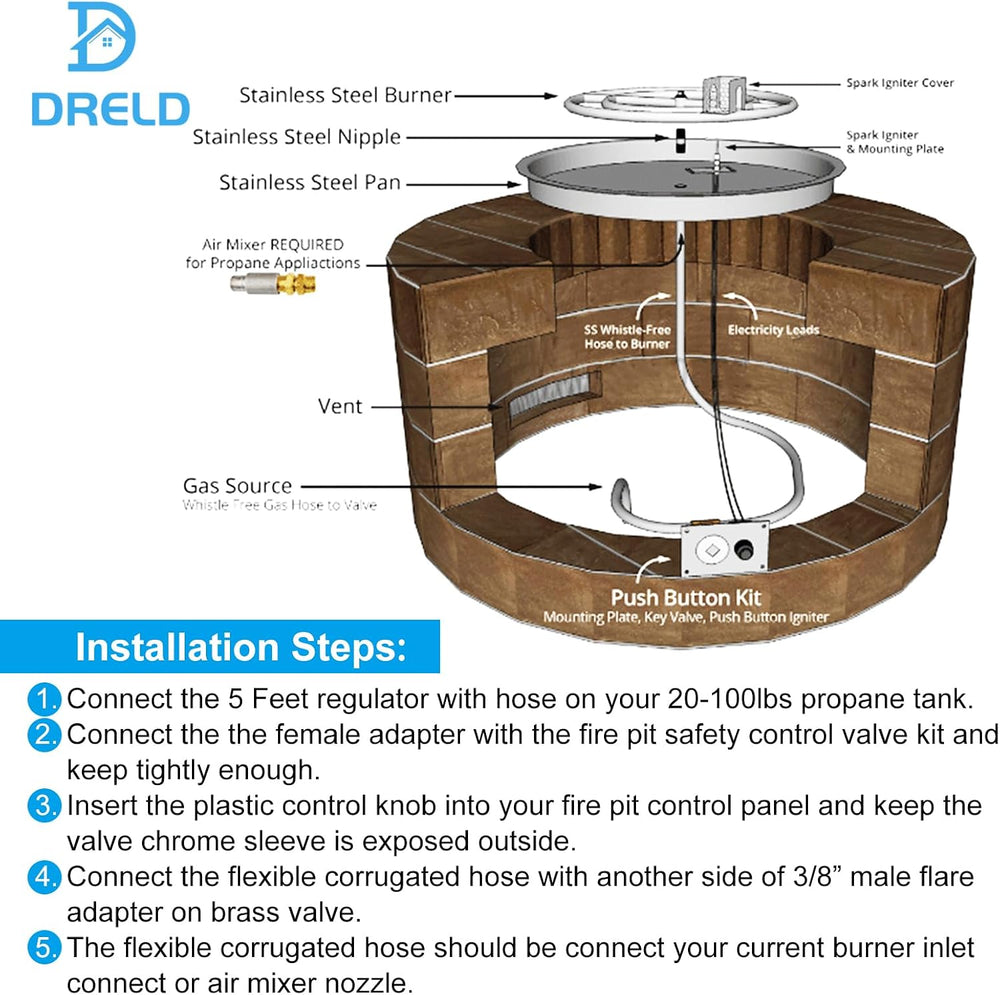 DRELD Propane Gas Fire Pit Fireplace Valve Control System Kit Assembly