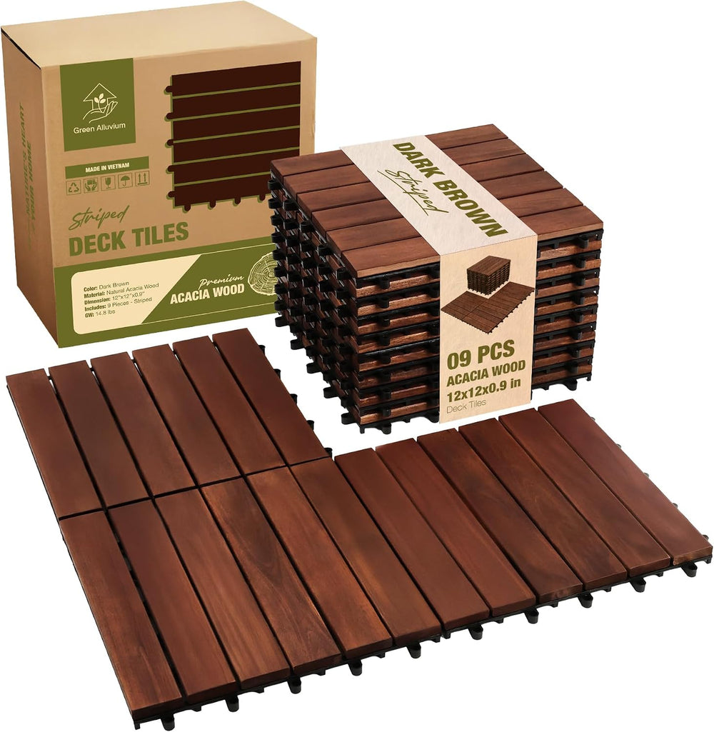 Acacia Wood Interlocking Deck Tiles, Patio & Backyard Tile, 12 in, 9 PCS