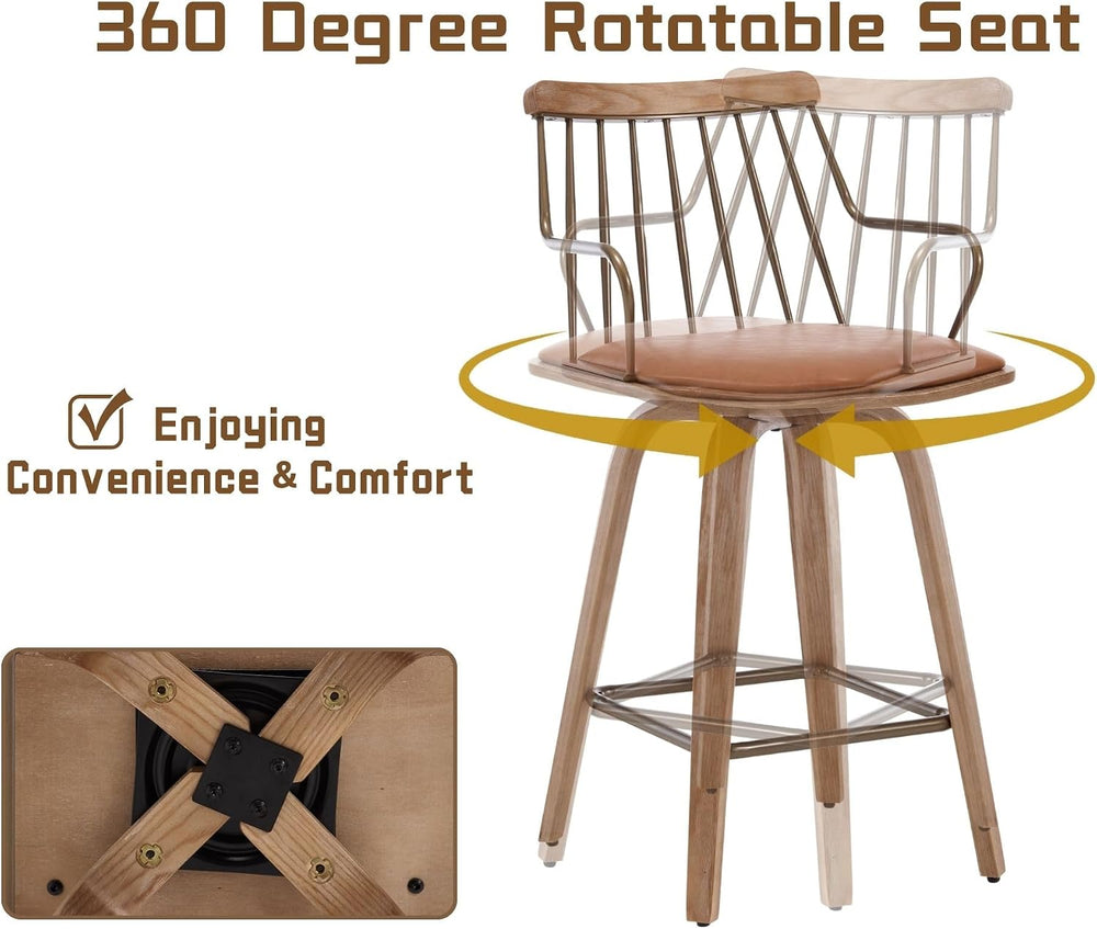 HNY Swivel Counter Height Bar Stools Set of 2, Brown Faux Leather Barstools