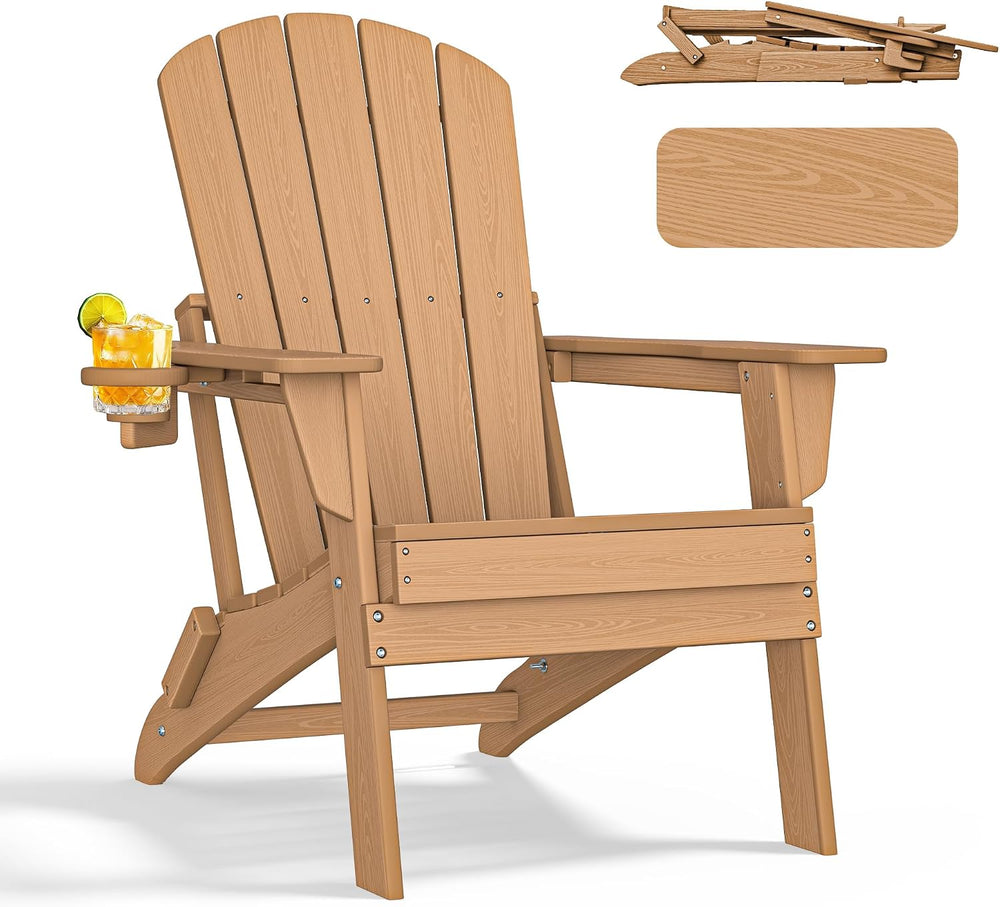 nevilywood Folding Adirondack Chair, HDPE Ergonomic Cup Holder, Teak