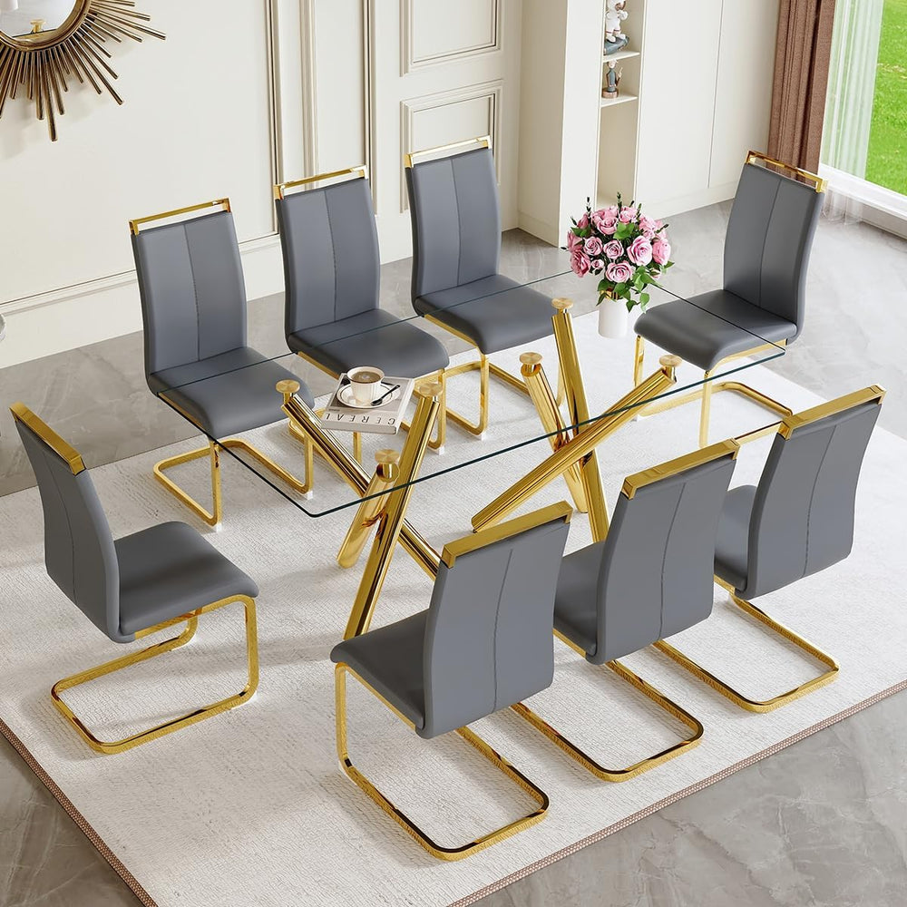 AZmac Modern Dining Table Set for 8 with Gold Metal Frame, 9-Piece Glass Dini...