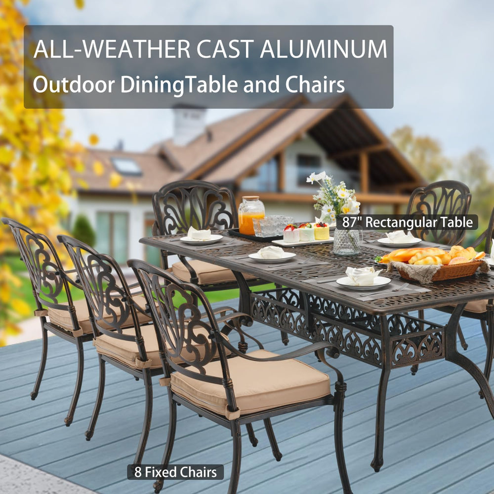 9-Pcs Cast Aluminum Patio Dining Set,87" Rectangular Table,Bronze