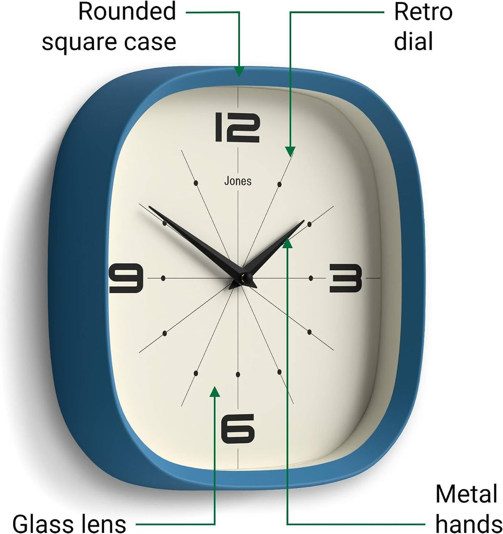 JONES CLOCKS® Pulsar wall Clock | Square Rounded Retro Clock | 10" | Blu...