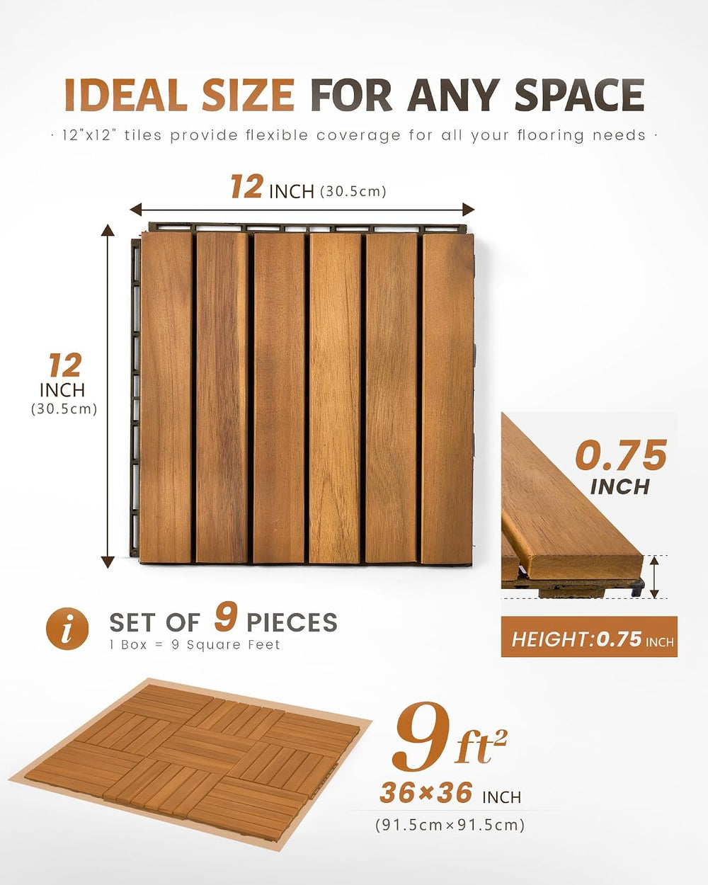Upolana 9 PCS Interlocking Deck Tiles 12" x 12", 6 Slats Outdoor Fl...