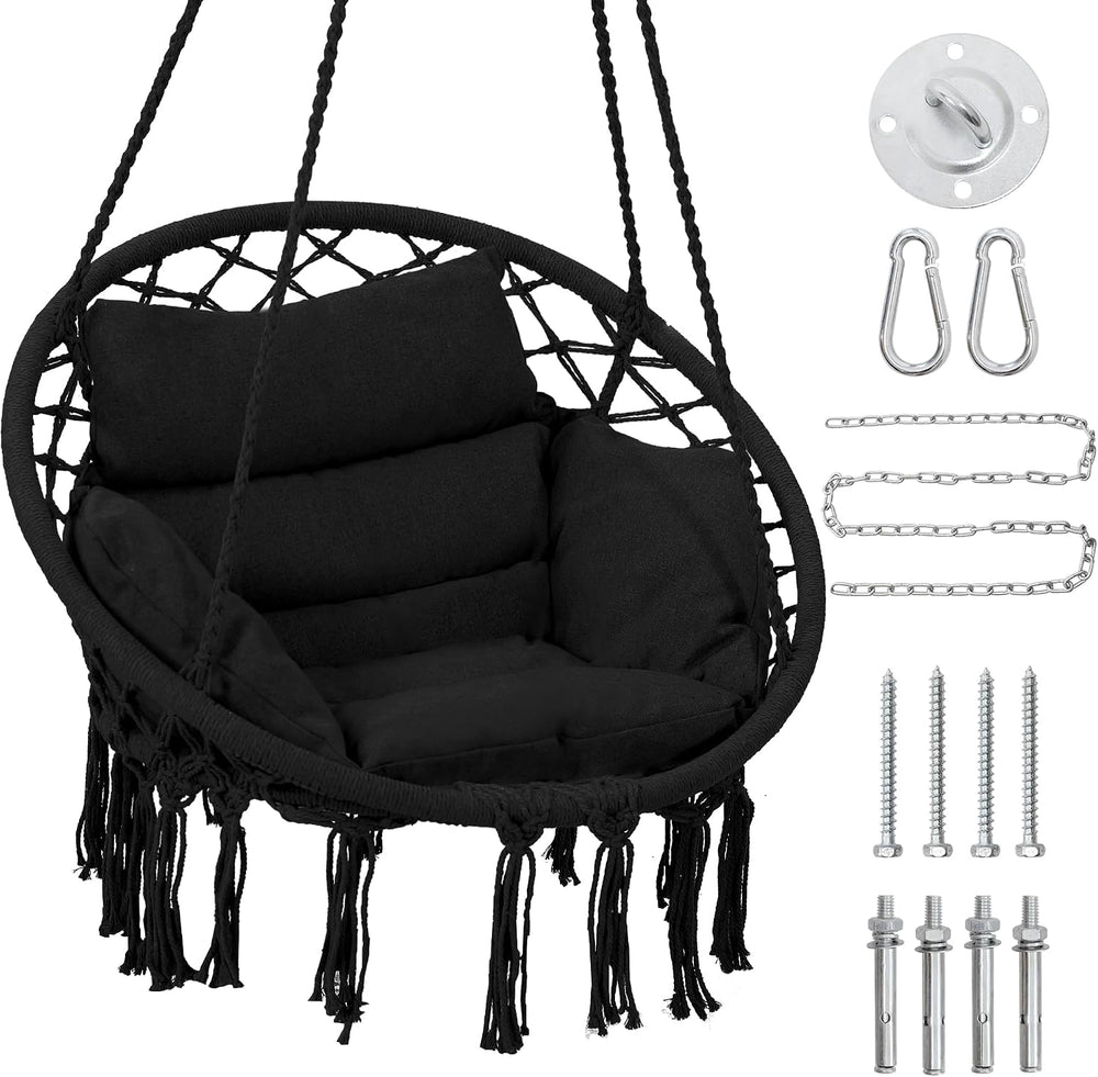 KROFEM Hammock Chair Swing Chair with Boho Medium Cushion, Macrame Hanging Ch...