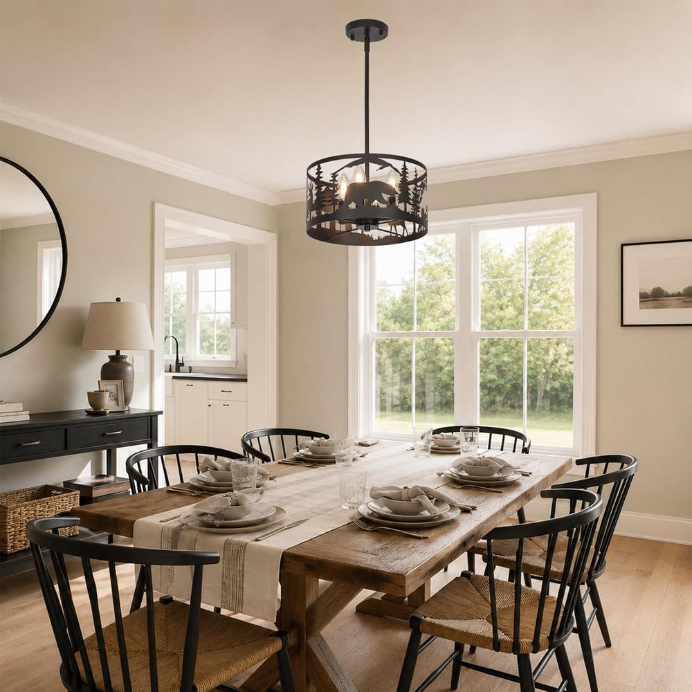 Rustic Deer Bear Cabin Chandelier, 4-Light Farmhouse Pendant Light