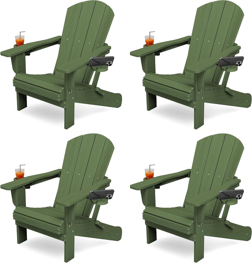 KINGYES Folding Adirondack Chair Set of 4 with 2 Cup Holders, Avocado