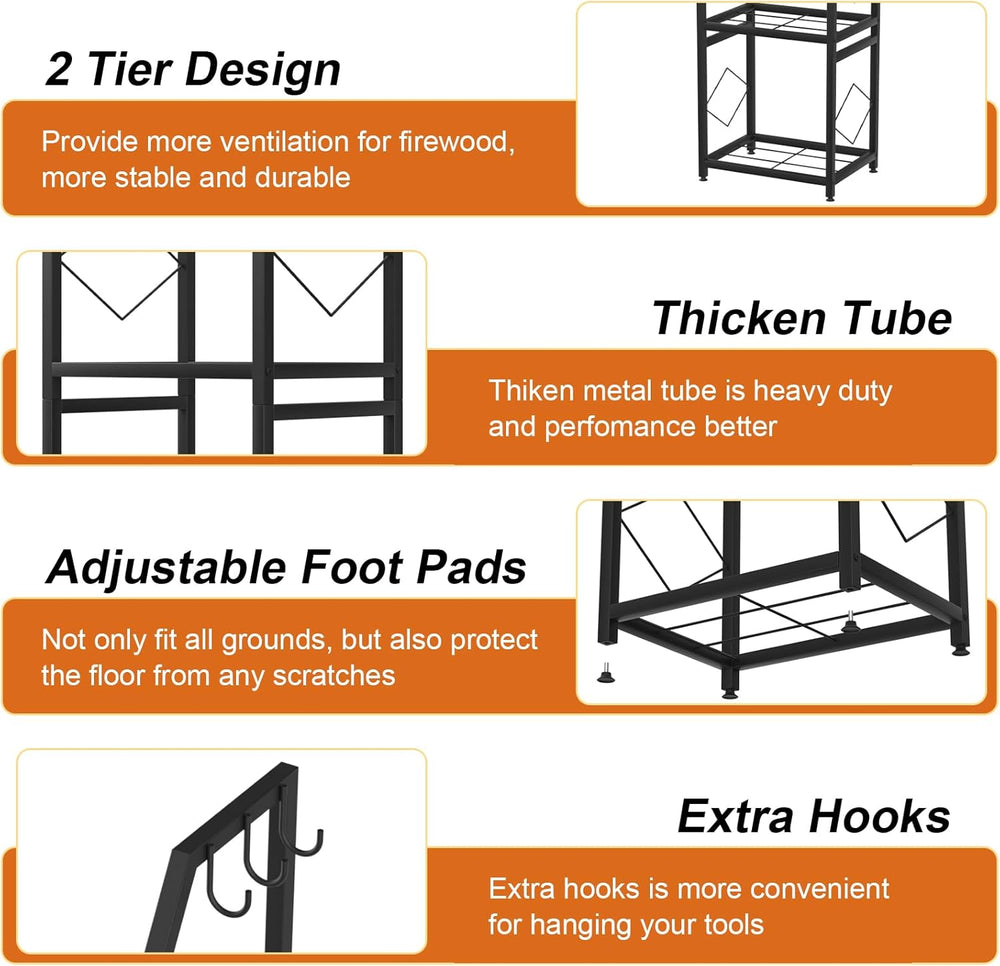 VyGrow Firewood Rack for Indoor, 2-Tier Firewood Holder with 3 Hanging Hooks,...