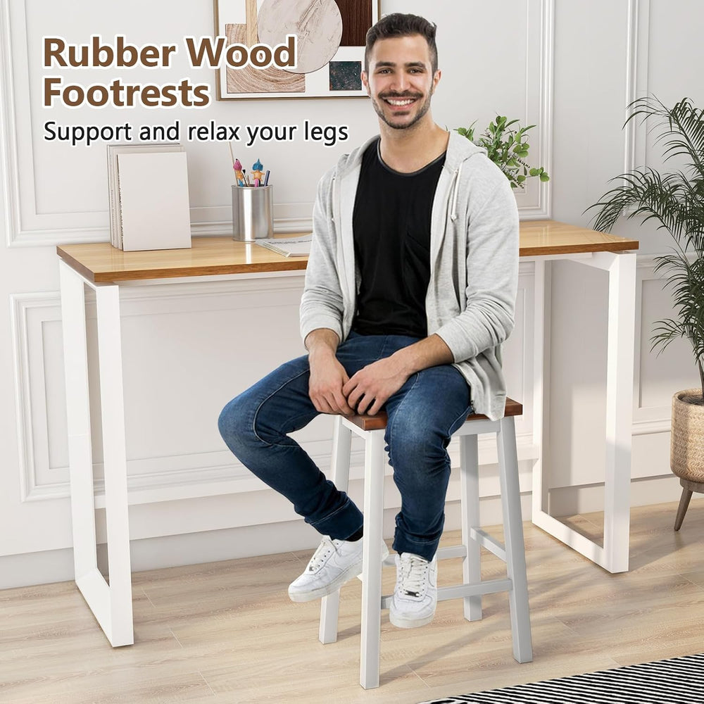 COSTWAY 24.5 Inch Bar Stools Set of 2, Solid Wood Saddle Stools w/Footrests, ...