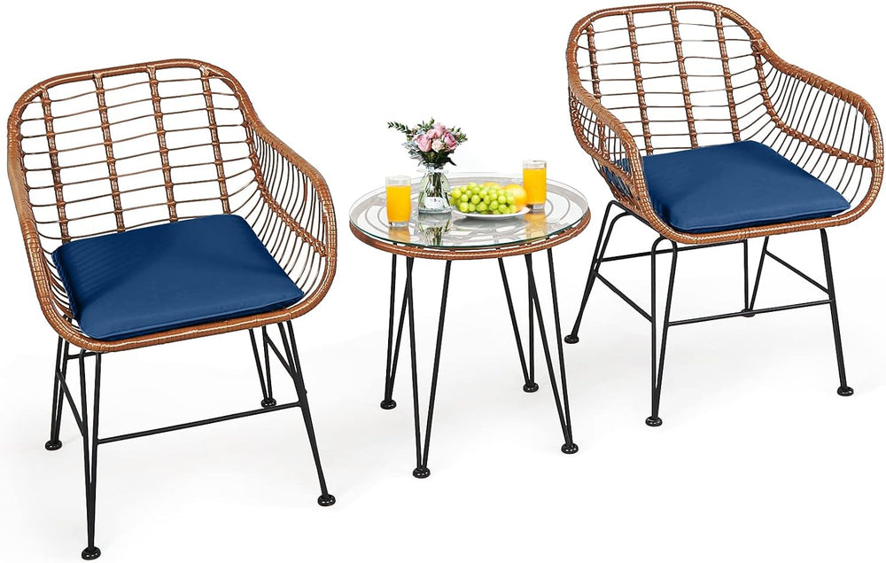 Tangkula 3 Pieces Patio Conversation Bistro Set, Outdoor Wicker Furniture w/R...