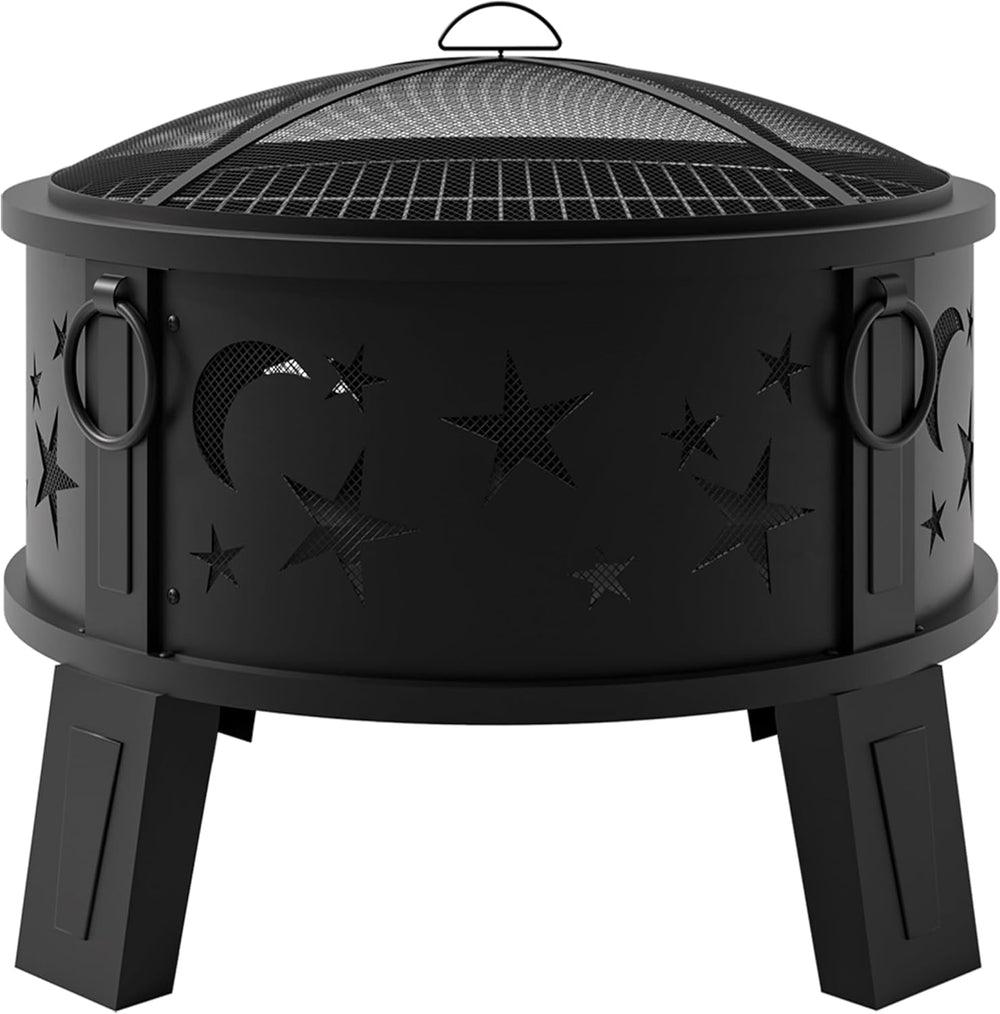 Kingson 26" Outdoor Fire Pit with Grill & Mesh Cover, Wood Burning S...