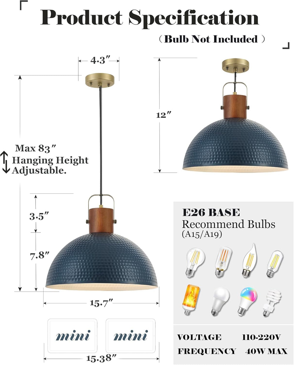 ELYONA 16” Large Ash Wood Pendant Light with Hammered Blue Metal & Brushe...