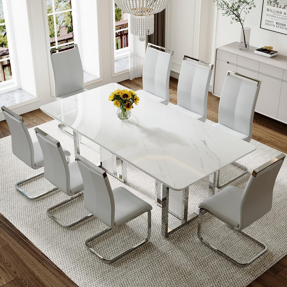 79" White Marble Dining Table Set for 8
