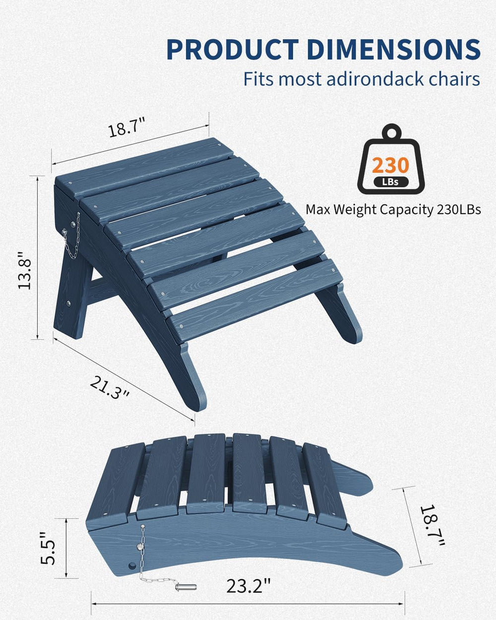Folding Adirondack Ottoman, HDPE Footrest for Oudoor Chair, Navy Blue