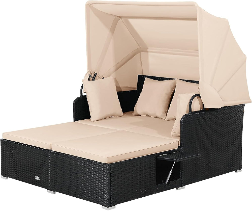 Moccha Outdoor Daybed with Retractable Canopy, Wicker Cabana with 2 Side Tabl...