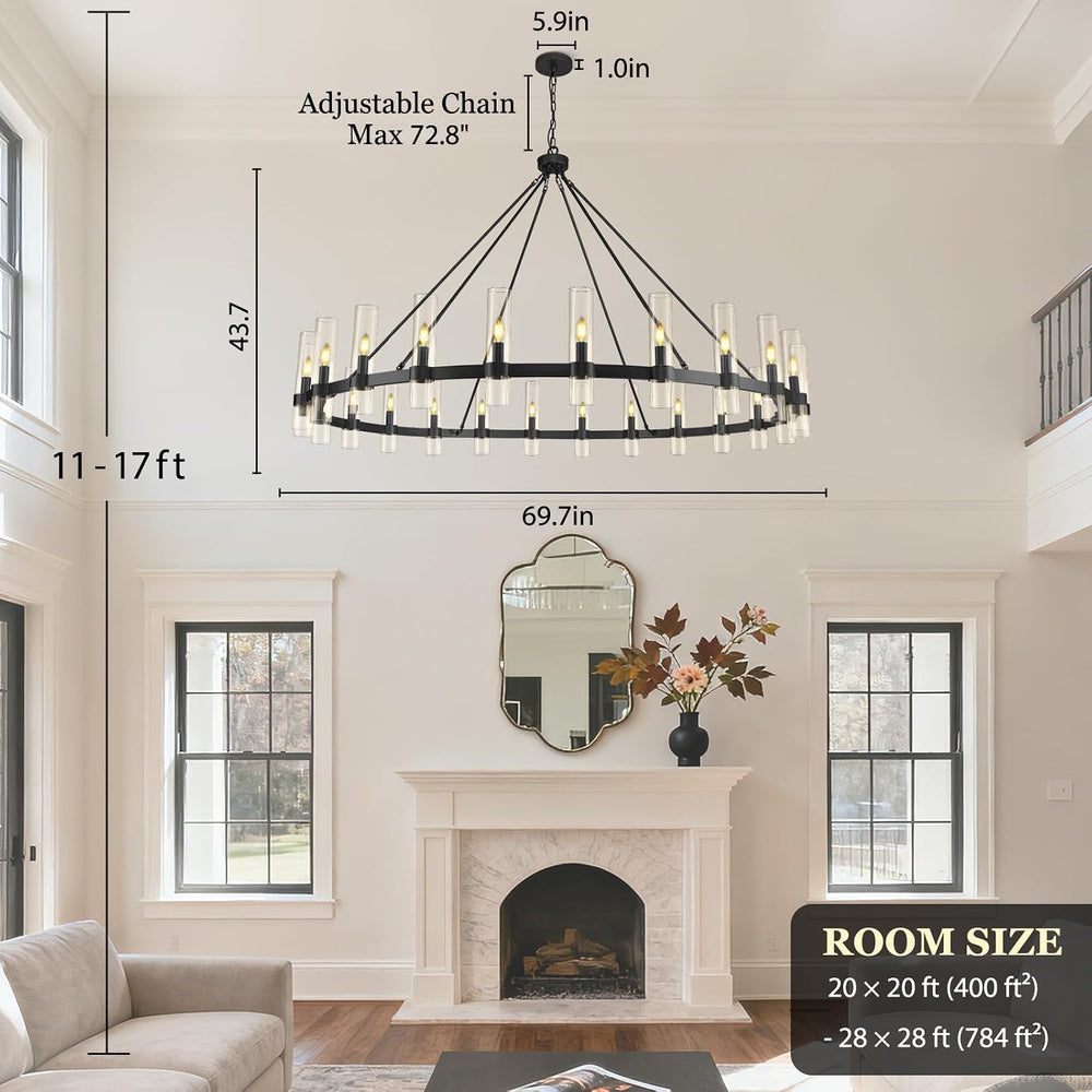 70" Black Wagon Wheel Chandelier, 24-Light Large Farmhouse Chandeliers f...