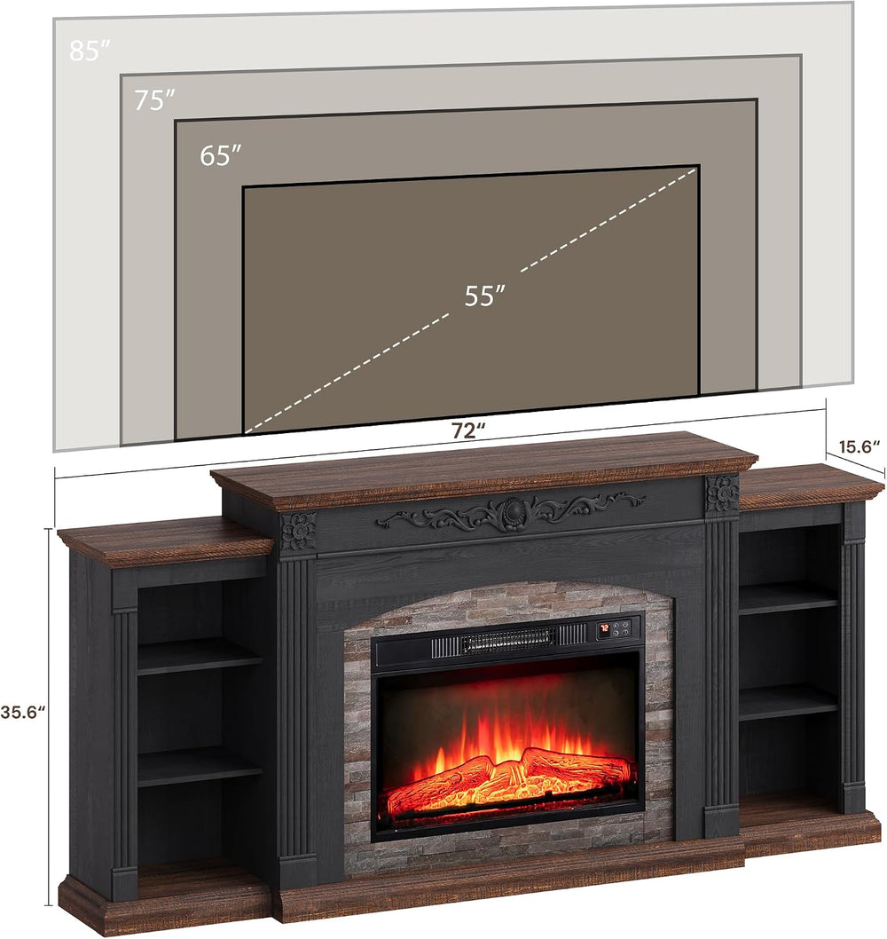 72" Electric Fireplace TV Stand for TVs Up to 85" with Mantel, Black