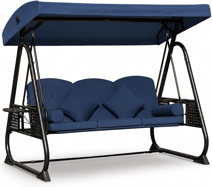 3 Seat Patio Swing Chair with Canopy,Outdoor Porch Swing with Thick Cushions,Adjustable Sunshade,Side Trays & Pillows,Heavy Duty Metal Frame for Patio,Garden,Backyard(Blue)