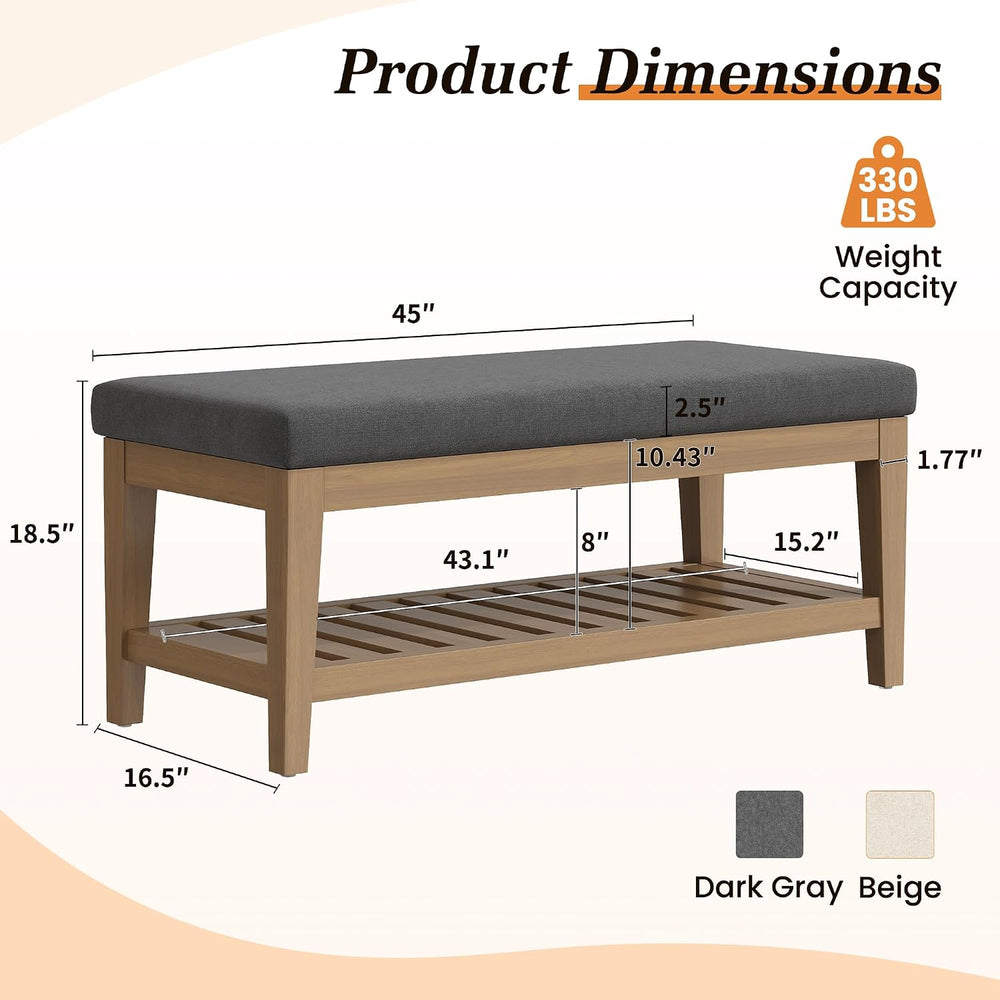 Apicizon 45" Shoe Rack Bench with Upholstered Cushion, Solid Rubberwood ...