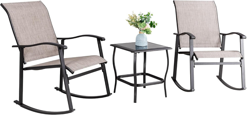 Vongrasig 3 Piece Outdoor Rocking Bistro Set, Textilene Fabric Small Patio Fu...