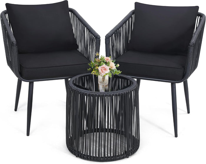 Kromax 3-Piece Patio Rattan Bistro Conversation Set, Black