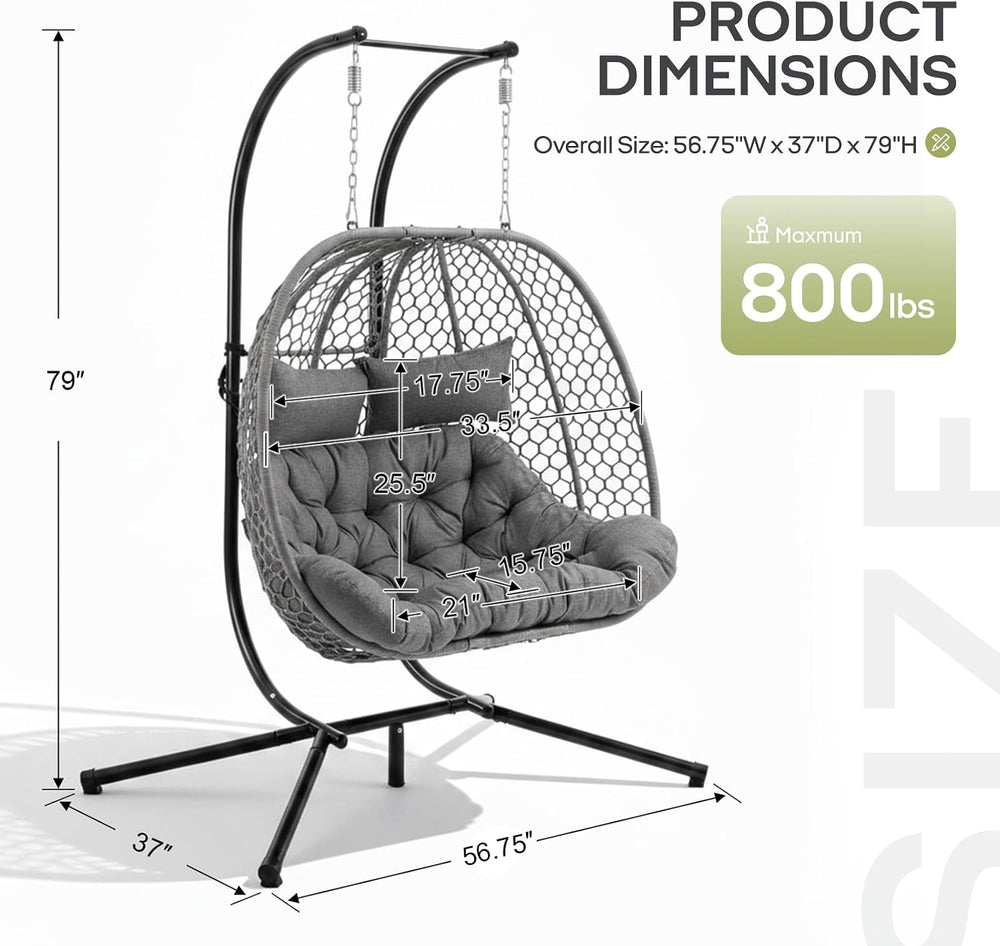 Double Egg Chair with Stand for 2 Persons, Oversized Patio Hanging Basket Cha...