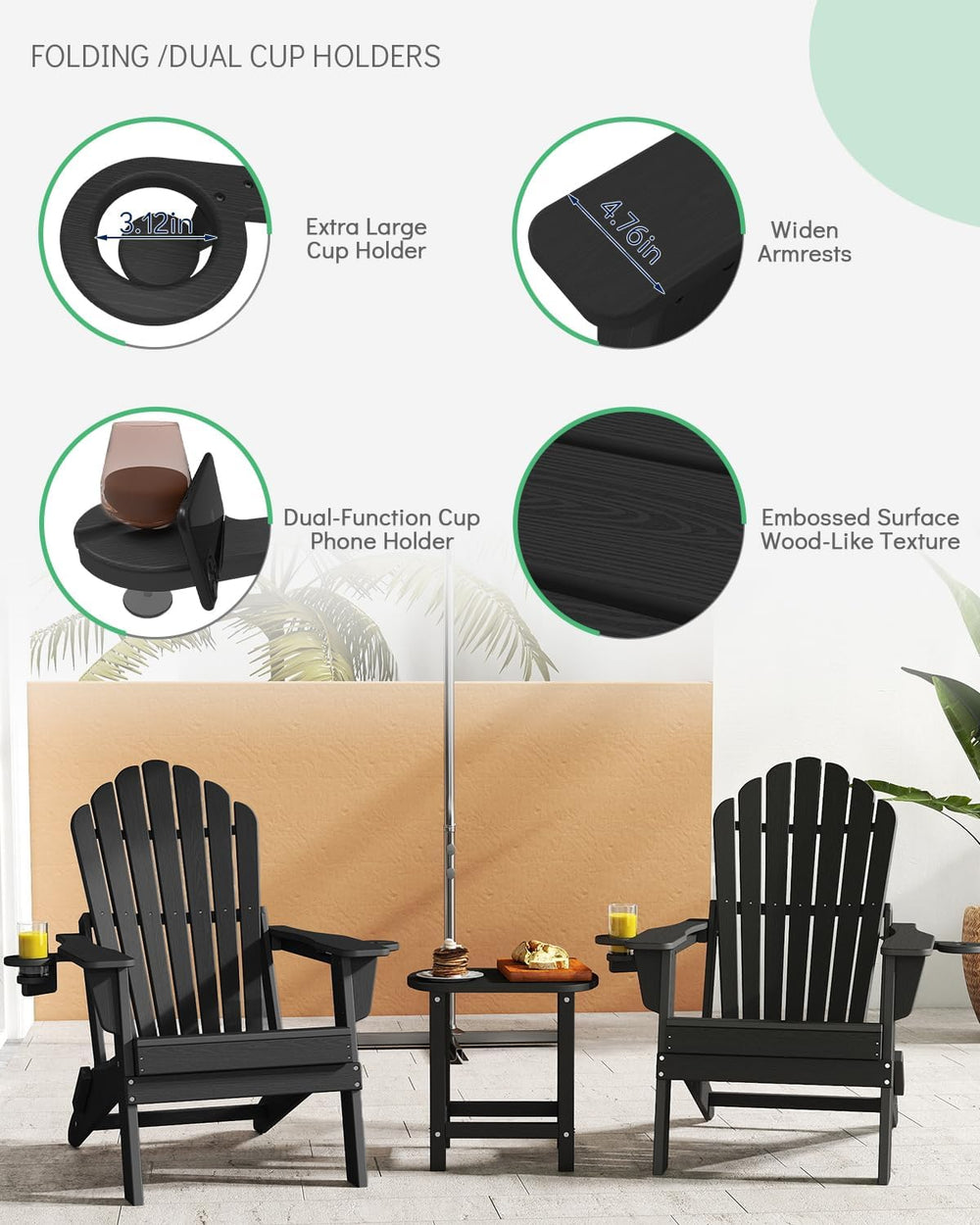 Plawdlik HDPE Folding Adirondack Chair Set of 2, Heavy Duty Outdoor Patio Cha...
