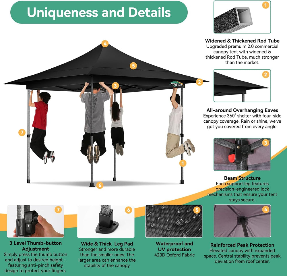 COBIZI 13x13 Pop Up Canopy Tent Heavy Duty with Auto-Extending Eaves