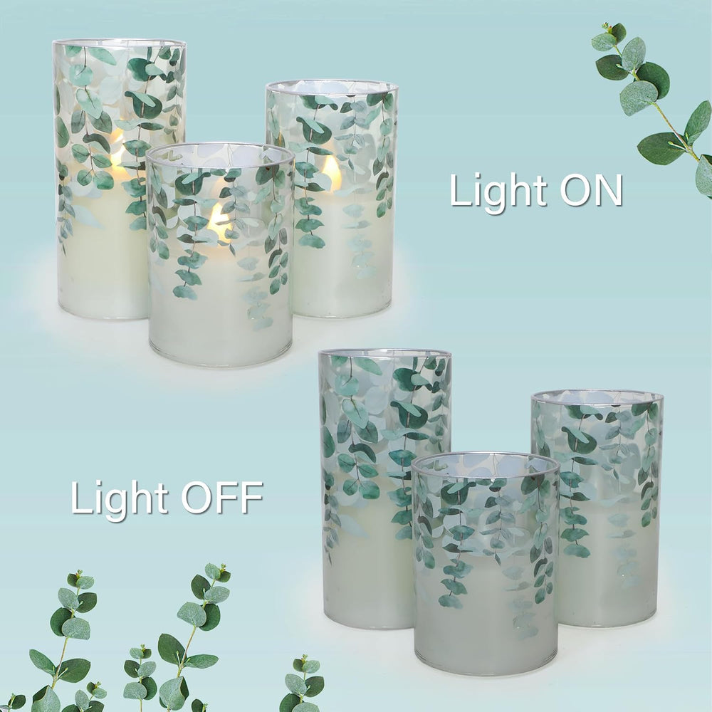 Green Glass Flameless Candles Remote Timer Eucalyptus Leaves Greenery Design ...