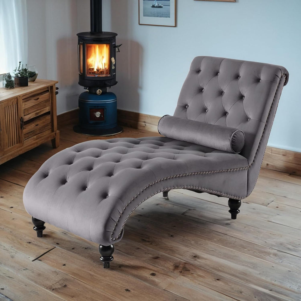 Chaise Lounge Indoor,Velvet Upholstered Lounge Chair Button-Tufted Armless Ch...