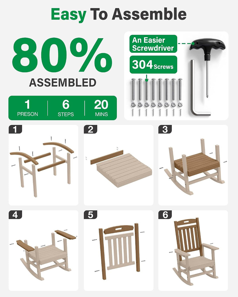 YEFU Outdoor Rocking Chairs Set of 2, HIPS Rocking Chair, Teak