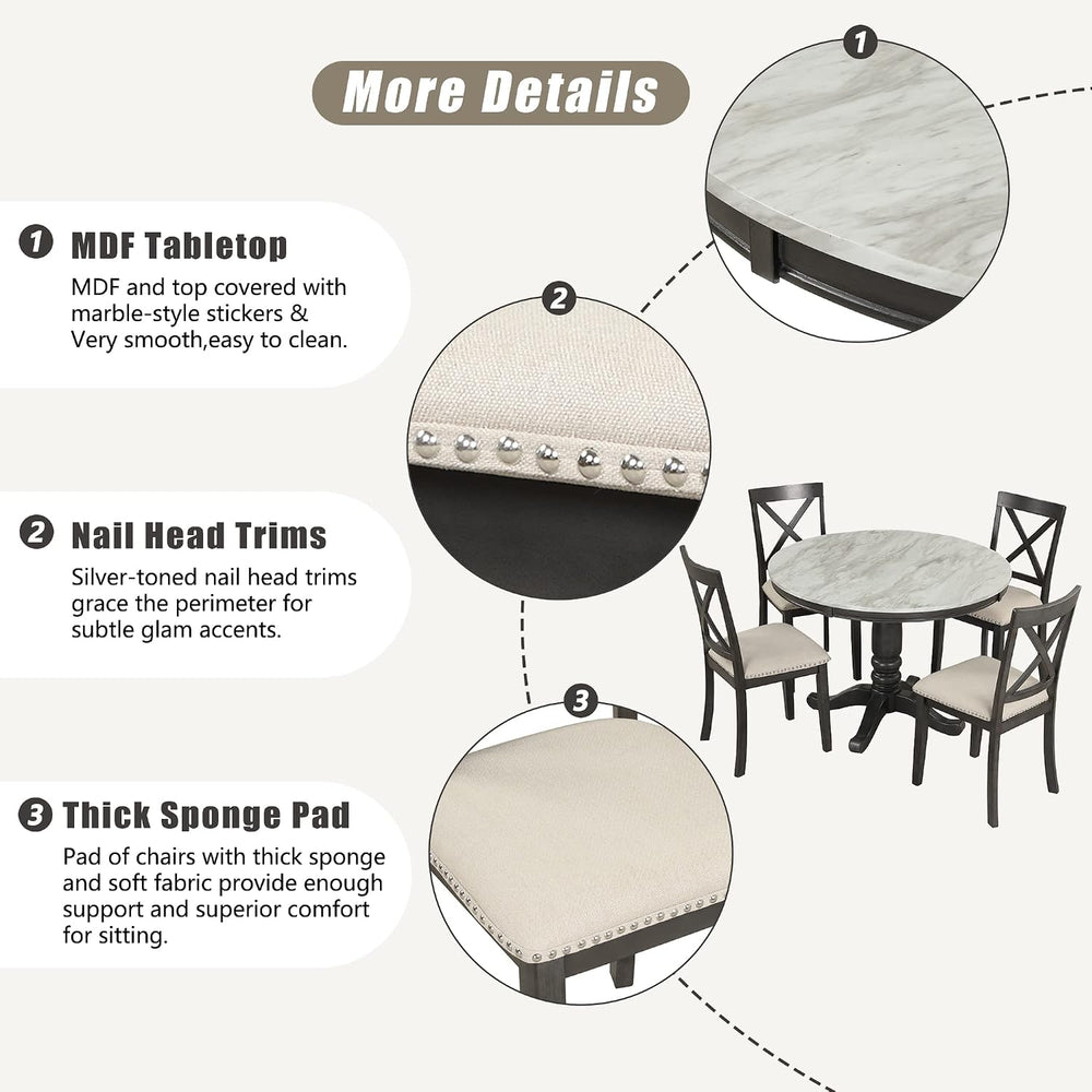 LUMISOL Round Dining Table Set for 4, Farmhouse Kitchen Table Set with Faux M...