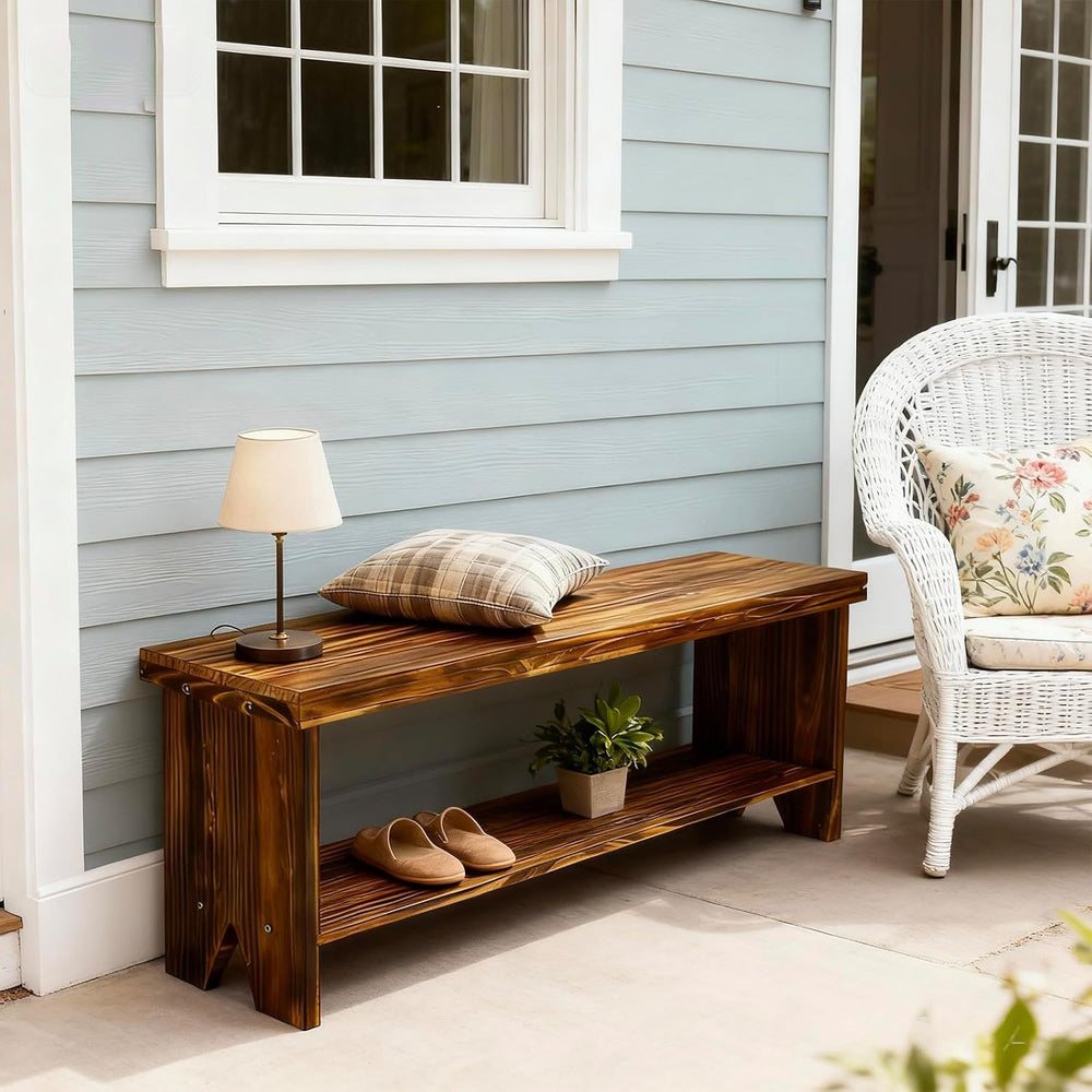 43" Solid Wood Farmhouse Bench, Entryway Bench with Storage Shelf, Vinta...