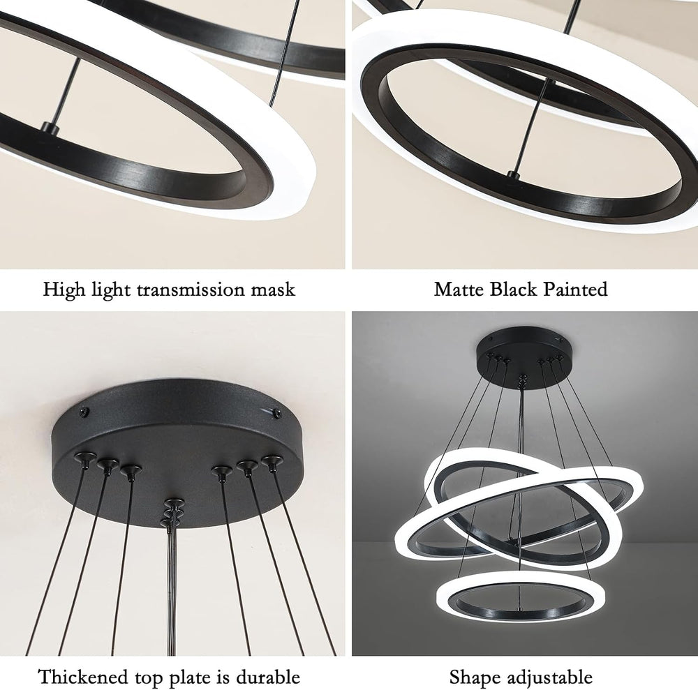 O'NEELDY Modern 3 Ring LED 52W Black Pendant Light with Irregular Ring Li...