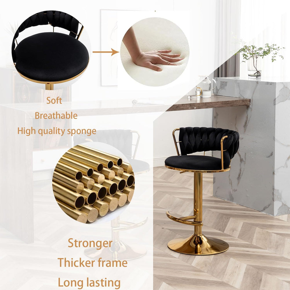 Riknuxi Velvet Bar Stools Set of 3, Counter Height Barstools with Low Back, G...