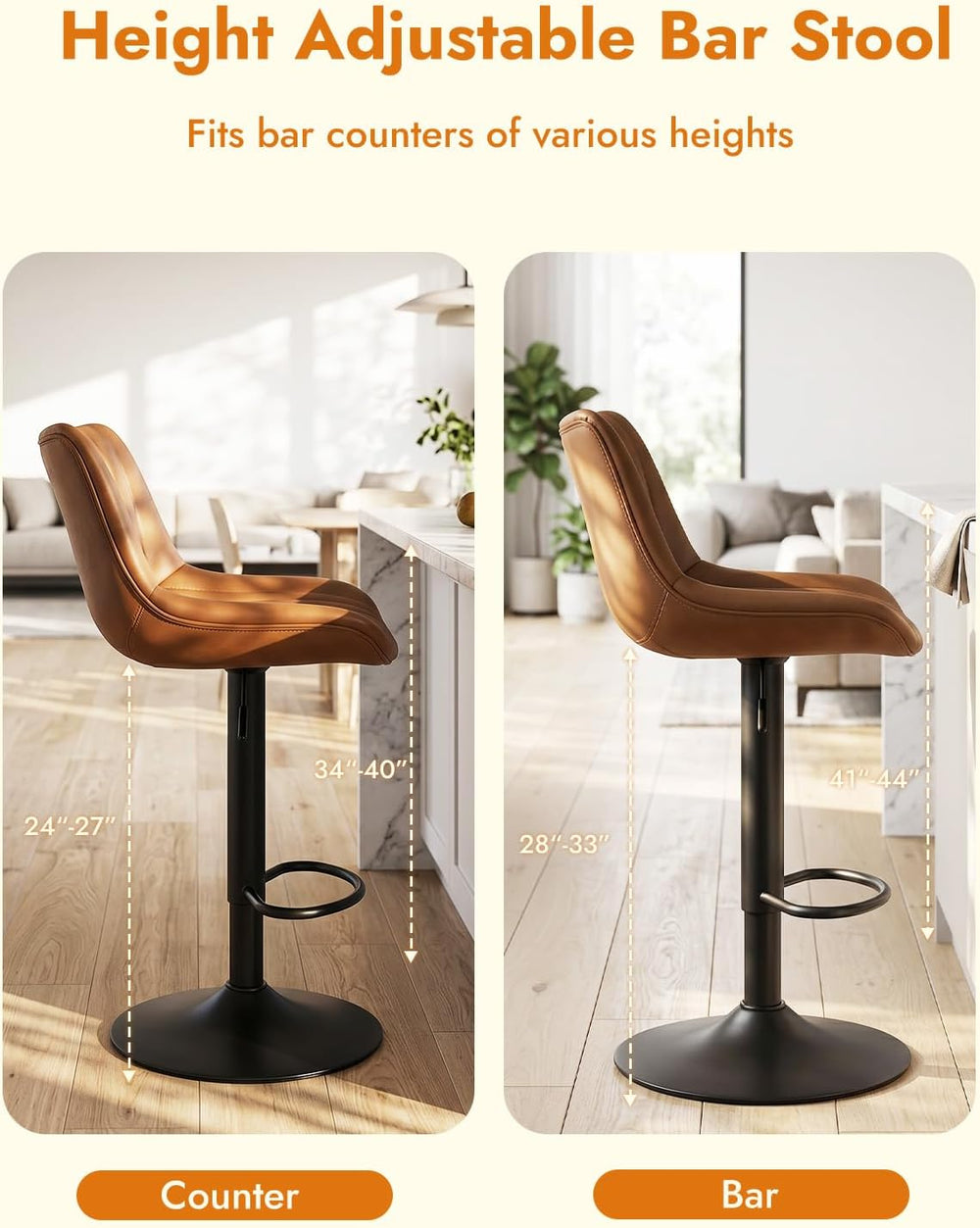 Swivel Bar Stools Set of 4, Height Adjustable Counter Height Bar Stools with ...