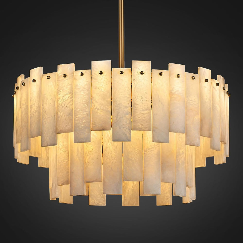 24" Alabaster Chandelier for Living Room, 2-Tier Round Brass Chandelier