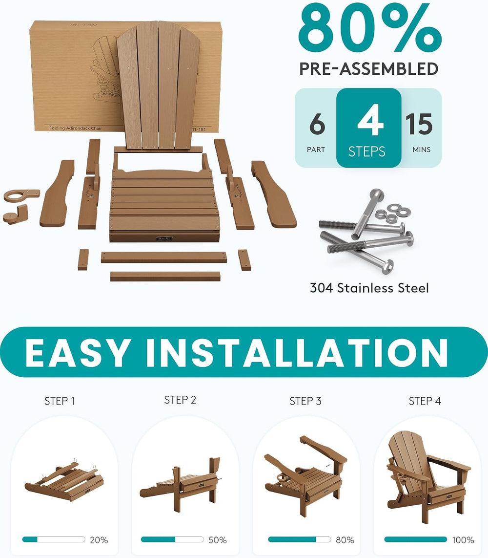 SERWALL Folding Adirondack Chair Set of 2, Cup Holder, Wood Texture -Brown