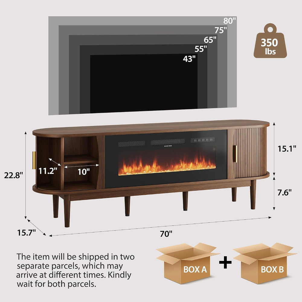 Decofy 70″ Fluted Fireplace TV Stand for 80″ TVs, Entertainment Center with F...