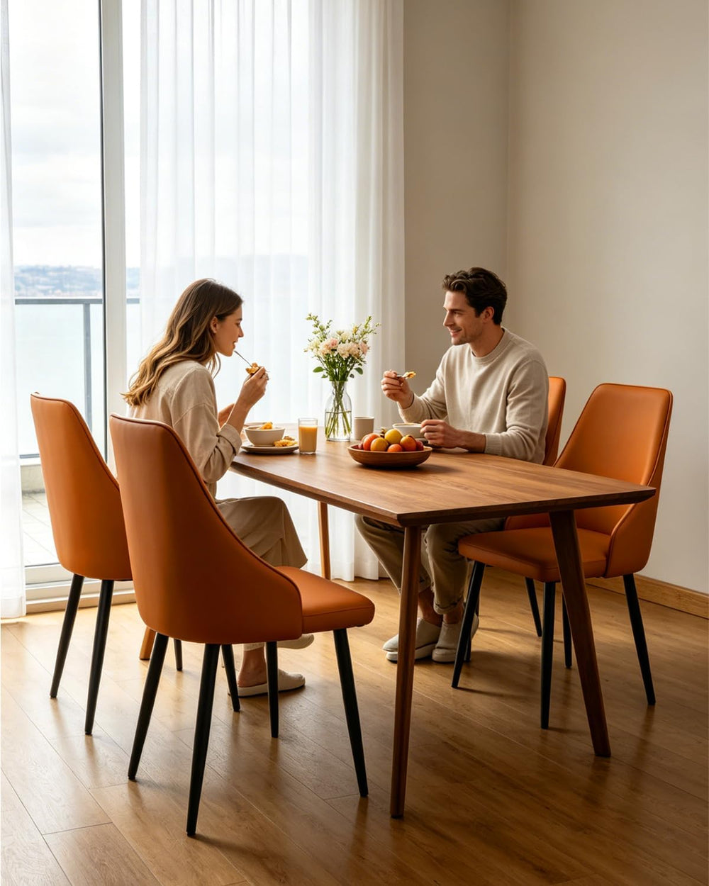Mid-Century Modern Dining Chairs, Set of 2 Orange Leather Upholstered High Ba...