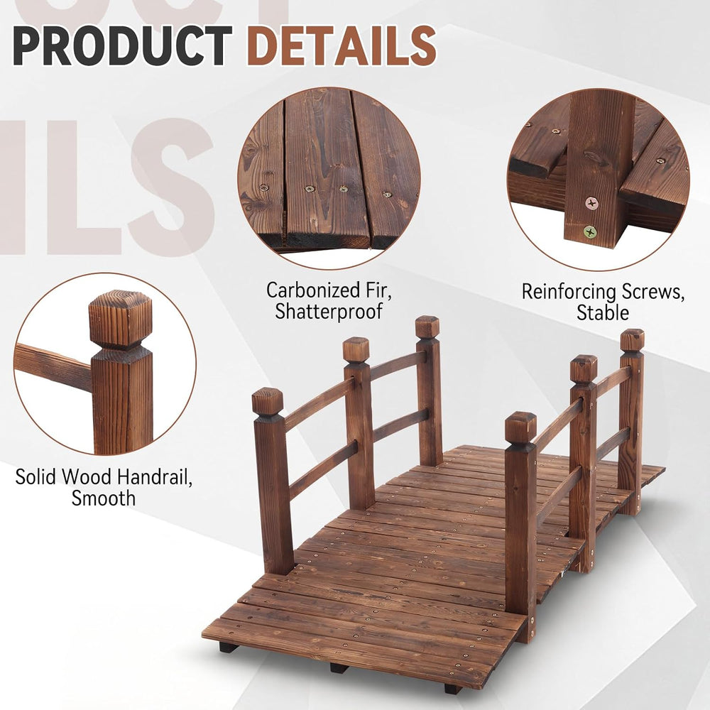 Outvita 5FT Stained Wooden Garden Footbridge with Safety Railings