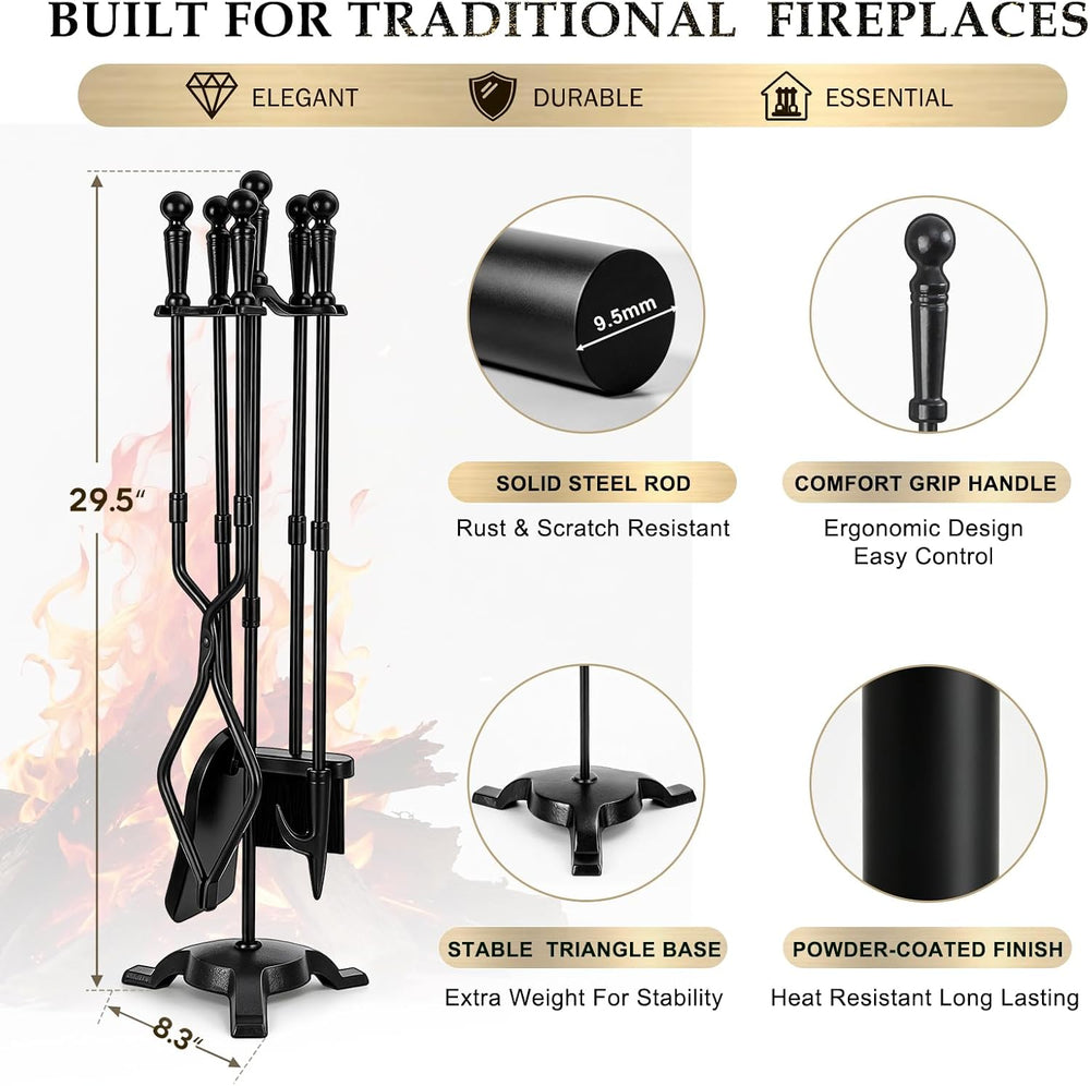 FEED GARDEN 5 Pieces Fireplace Tool Set with Stand,Wrought Iron,29.5” Black