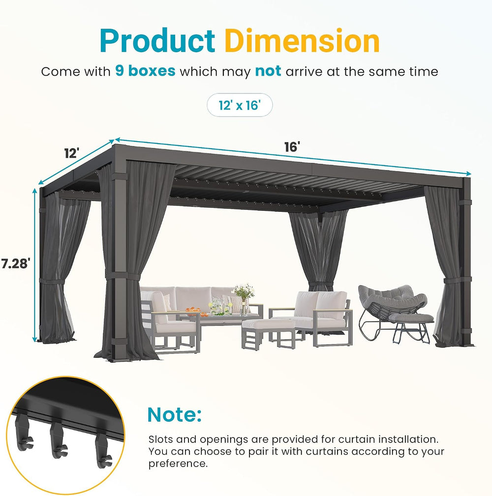 Pergola 12'x16' with Adjustable Roof & Thick Aluminum Frame for A...