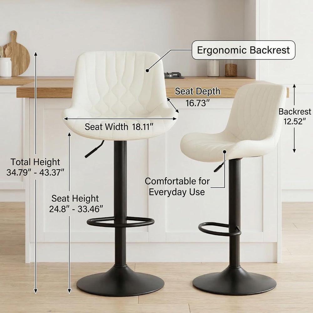 Bar Stools Set of 2, Swivel Adjustable Barstools with Backs, Beige