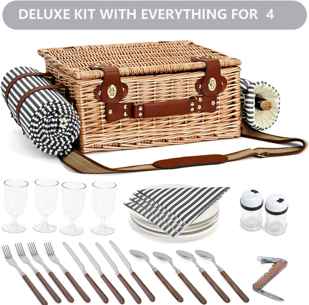 Picnic Basket with Blanket and Wine Pouch for 4, Wicker Picnic Set with Insul...